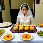 All-In-One Package Caution**

Prompt: A slightly stressed-looking Malay bride on her wedding day, noticing the buffet table is almost empty while guests are still queuing. The wedding decorations look cheaper than expected. Focus on the bride's expression of slight disappointment.

**