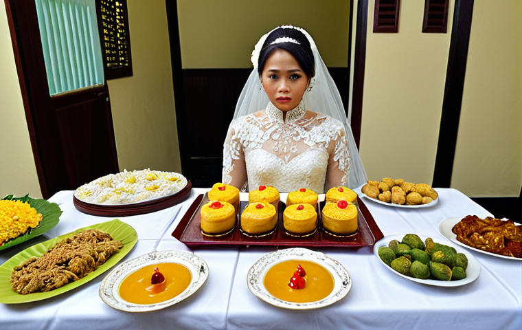 All-In-One Package Caution**
Prompt: A slightly stressed-looking Malay bride on her wedding day, noticing the buffet table is almost empty while guests are still queuing. The wedding decorations look cheaper than expected. Focus on the bride's expression of slight disappointment.
**