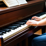 A focused student, fully clothed in modest, comfortable attire, diligently practices piano in a serene home study. Sunlight softly illuminates the scene through a large window, highlighting the rich wood of the piano. The student's well-formed hands are naturally posed on the keys, demonstrating perfect anatomy and correct proportions. The atmosphere is calm and dedicated, showcasing the investment of time in learning. Professional photography, high-quality, safe for work, appropriate content, family-friendly.