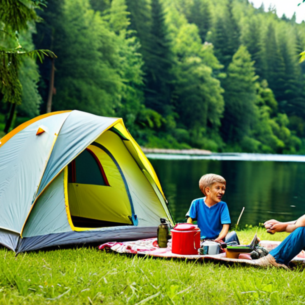 캠핑장 이용료 - Family-Friendly Campsite**
"A family enjoys a camping trip in a lush forest clearing, fully clothed...