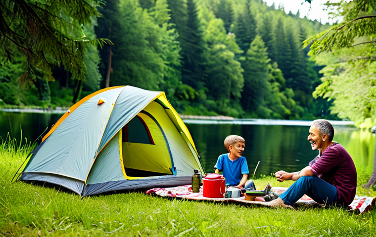 캠핑장 이용료 - Family-Friendly Campsite**
"A family enjoys a camping trip in a lush forest clearing, fully clothed...