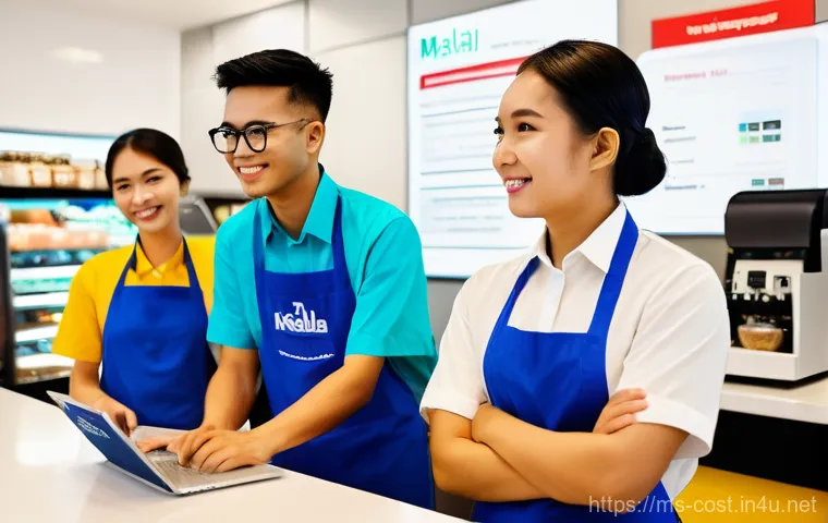 단기 알바 시급 - **Prompt:** A diverse group of young Malaysian part-time workers, dressed in professional yet casual...