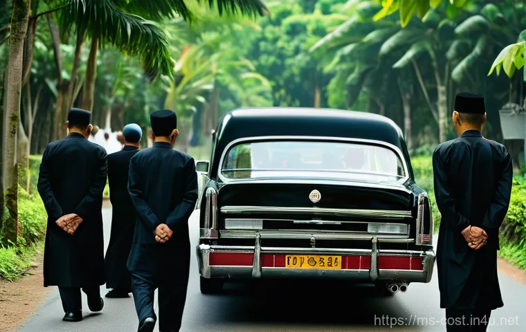 상조 서비스 비용 - **Prompt:** "A serene and respectful Muslim funeral procession in a Malaysian suburban setting. A si...