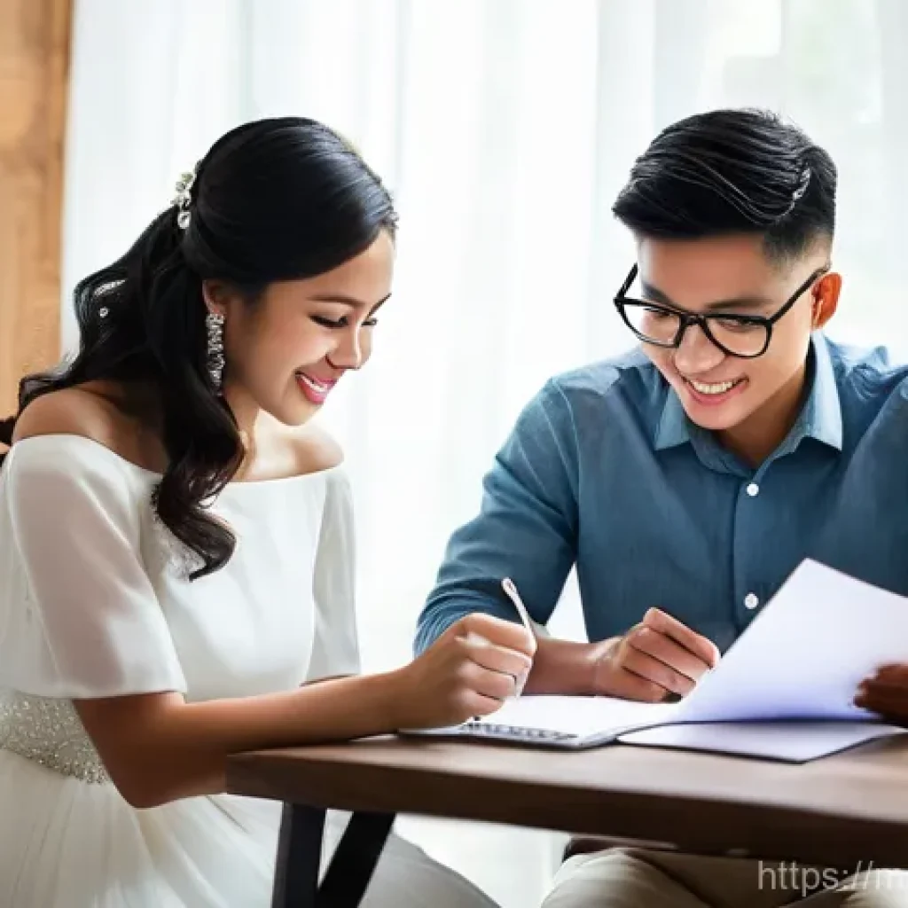 웨딩 촬영 비용 - **Prompt 1: Budgeting & Discussion for Wedding Photography**
"A young Malay couple, in their lat...