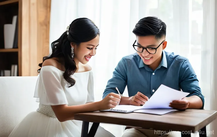 웨딩 촬영 비용 - **Prompt 1: Budgeting & Discussion for Wedding Photography**
    "A young Malay couple, in their lat...